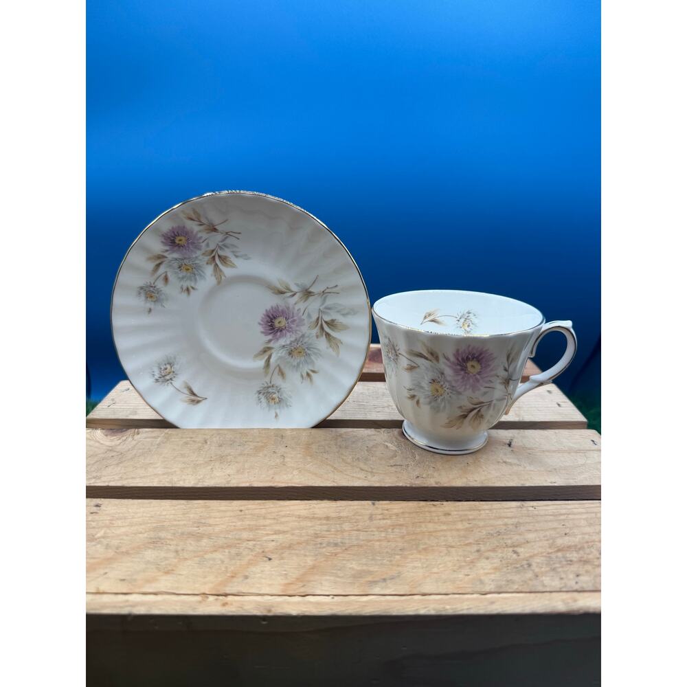 Vintage Duchess Fine Bone China Teacup/Saucer Set-Purple/White Aster Floral,Gold